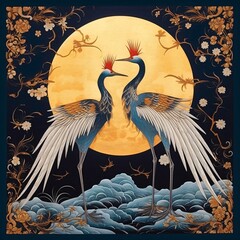 two cranes with golden moon in the style of a kimono, generative ai