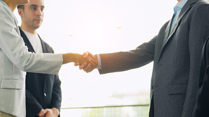 Poster - A multinational group shaking hands in the lobby.
People in white coats and sales staff.