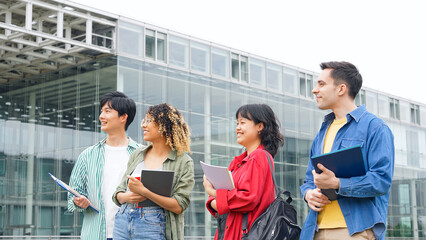 Poster - Group of multinational young people smiling in college campus.