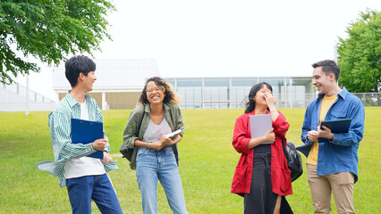 Aufkleber - Group of multinational young people talking in college campus.