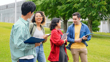 Poster - Group of multinational young people talking in college campus.