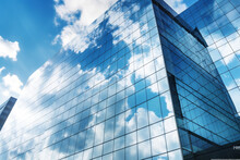 Reflective Skyscrapers, Business Office Buildings. Low Angle Photography Of Glass Curtain Wall Details Of High-rise Buildings.The Window Glass Reflects The Blue Sky And White Clouds. Generative AI