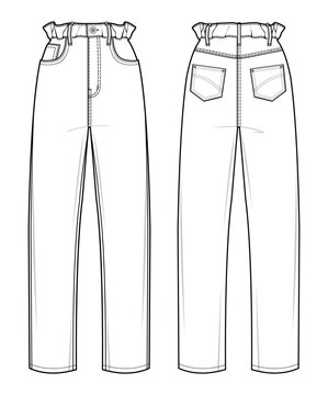 paper bag waist Jeans flat technical drawing template. Denim jeans technical fashion Illustration, front and back view, white, CAD mockup.