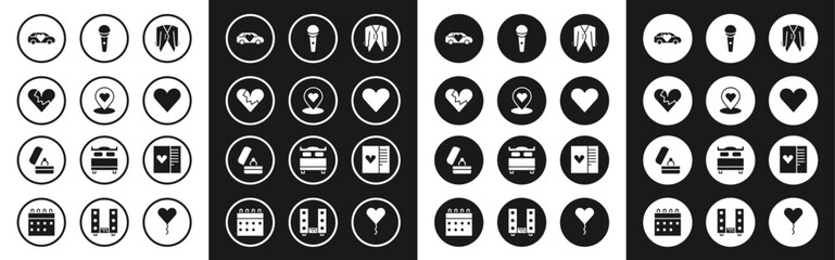 Sticker - Set Suit, Location with heart, Broken or divorce, Limousine car, Heart, Microphone, Postcard and Wedding rings icon. Vector