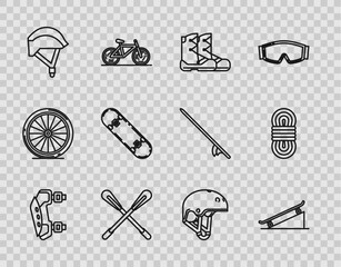 Sticker - Set line Knee pads, Skateboard on street ramp, Boots, Crossed paddle, Bicycle helmet, trick, Helmet and Climber rope icon. Vector