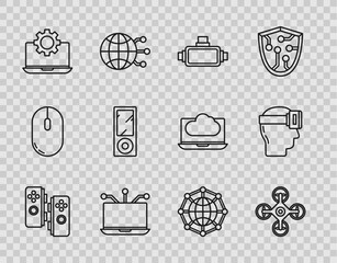 Poster - Set line Gamepad, Drone, Virtual reality glasses, Laptop, and gear, Music player, Global technology or social network and icon. Vector
