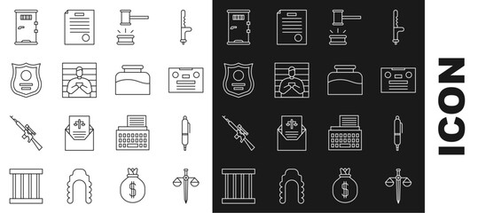 Poster - Set line Scales of justice, Pen, Retro audio cassette tape, Judge gavel, Suspect criminal, Police badge, Prison cell door and Inkwell icon. Vector