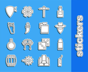 Sticker - Set line Dynamite bomb, Bullet, Cowboy, Pickaxe, Tooth, Revolver gun in holster, bandana and Canteen water bottle icon. Vector