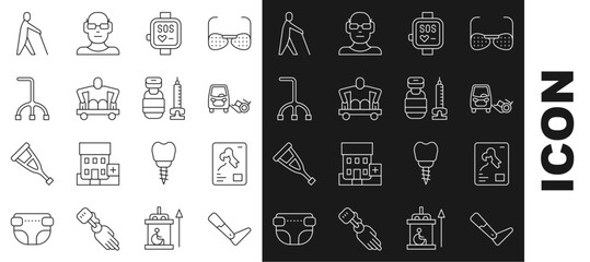 Sticker - Set line Prosthesis leg, X-ray shots, Disabled car, Smart watch, Man without legs sitting wheelchair, Walking stick cane, Blind human holding and Syringe icon. Vector