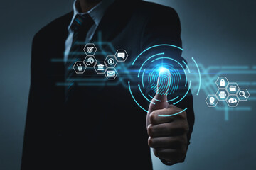Wall Mural - Cyber Security. business man hand touching virtual screen fingerprint with business icon diagram, business finance, cybersecurity, internet network security, investment, digital technology concept