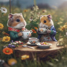 Field Hamster, Field Mouse Having Breakfast On A Meadow. Ai Generated.