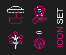 Set Line Unicycle Or One Wheel Bicycle, Fireworks, Hand Holding Playing Cards And Attraction Carousel Icon. Vector