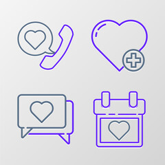 Poster - Set line Calendar with heart, Like and, Heart and Telephone speech bubble icon. Vector