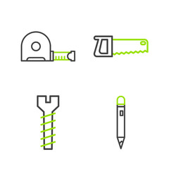 Canvas Print - Set line Pencil with eraser, Metallic screw, Hand saw and Roulette construction icon. Vector