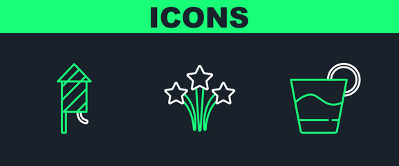 Sticker - Set line Cocktail, Firework rocket and icon. Vector