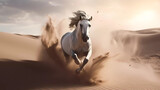 Fototapeta  - Witness the mesmerizing spectacle of a horse galloping through a vast sand dune, leaving a trail of billowing golden sand in its wake.