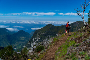 Wall Mural - Young woman walking in the path on the mountain edge, Portugal, Madeira