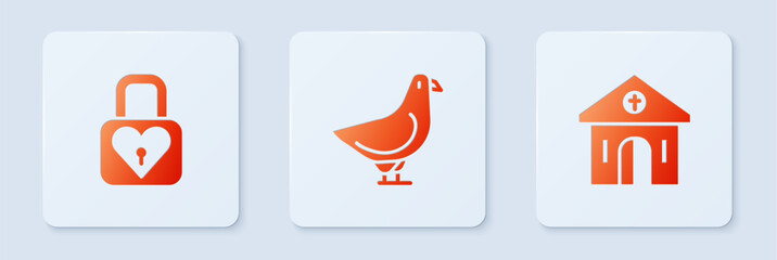 Sticker - Set Dove, Lock and heart and Church building. White square button. Vector