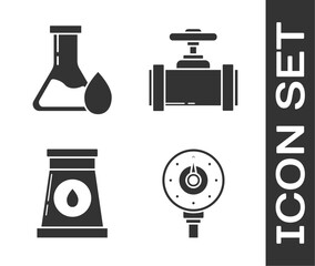 Sticker - Set Motor gas gauge, Oil petrol test tube, Oil and gas industrial factory building and Industry metallic pipes and valve icon. Vector