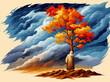 Colorful painting art of the biblical Moses and the burning bush. Christian abstract concept. AI generated illustration.