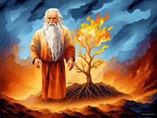 Colorful painting art of the biblical Moses and the burning bush. Christian abstract concept. AI generated illustration.