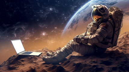 Wall Mural - astronaut in space with laptop mockup. ai generation