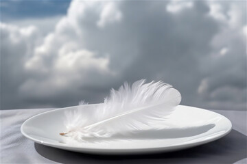 Wall Mural - Feather laying on a white plate on sky background. AI generated content