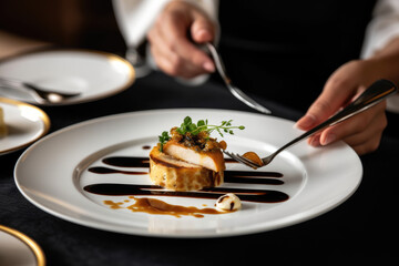 Wall Mural - Gastronomic Excellence: A White Plate Brimming with Gourmet Food, Served by an Elegant Waitress in a High-End Restaurant

