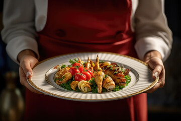 Poster - Gastronomic Excellence: A White Plate Brimming with Gourmet Food, Served by an Elegant Waitress in a High-End Restaurant

