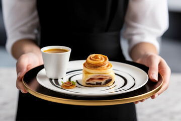 Poster - Gastronomic Excellence: A White Plate Brimming with Gourmet Food, Served by an Elegant Waitress in a High-End Restaurant

