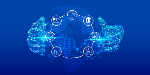 Leinwandbilder - Mobile online security concept with futuristic digital low poly hand hold the world of business, shopping, payment, credit card, transfer pay protection icon vector.