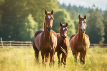 Three Brown Horses Standing In A Field Of Tall Grass