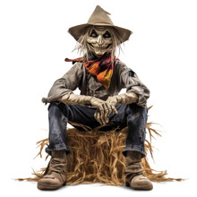 Scarecrow Sitting On Hay Isolated On Transparent Background - Generative AI
