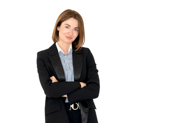 Young cheerful business lady with crossed arms standing and smiling isolated on white background	