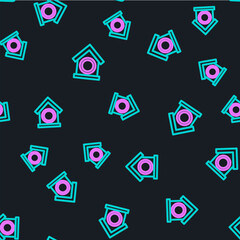 Wall Mural - Line Dog house icon isolated seamless pattern on black background. Dog kennel. Vector