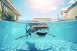 A dangerous shark in a holiday swimming pool. Summer vacation scam. Generative ai