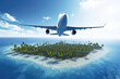 Aerial Majesty: Passenger Plane Soaring Over Paradise Tropical Island. Generative Ai