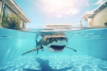 a dangerous shark in a holiday swimming pool. summer vacation scam. generative ai