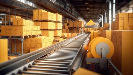 Cardboard box transported along conveyor in factory. Generative AI