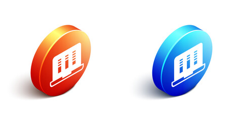 Poster - Isometric Sound or audio recorder or editor software on laptop icon isolated on white background. Orange and blue circle button. Vector