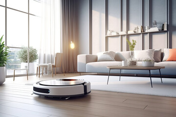 smart home robot vacuum cleaner assistant device in modern white interior of living room, AI Generated.  Generative AI