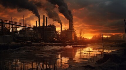 Wall Mural - An industrial site at sunset with water and smoke. Photo that draws attention to air pollution. Generative AI