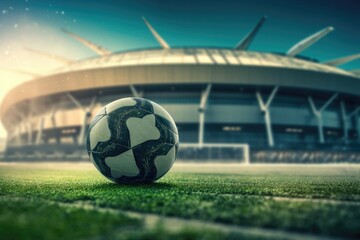  Soccer ball in front of the stadium. Generative AI