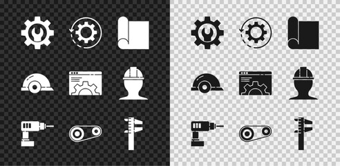 Wall Mural - Set Wrench spanner and gear, Graphing paper for engineering, Electric drill machine, Timing belt kit, Calliper caliper scale, Worker safety helmet and Browser setting icon. Vector