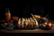A tray with hotdogs on a wooden surface. Generative AI