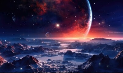 Wall Mural - Space planets and stars in space. 3d landscape photo. Generative AI