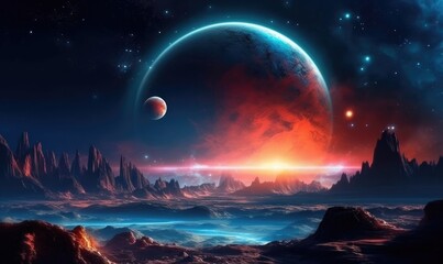 Wall Mural - Space planets and stars in space. 3d landscape photo. Generative AI