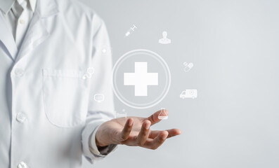 Health insurance concept. Doctor in a white coat uniform hand holding plus and healthcare medical icon, health and access to welfare health concept.