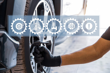 Auto mechanic checking air pressure and inflating car tires with service icons. Concept of car care servicing and maintenance or fix the car leaky or flat tire.