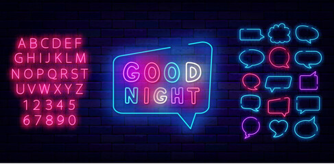 Wall Mural - Good night neon label. Glowing invitation on brick wall. Dream wishing. Sleep concept. Vector stock illustration